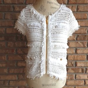 Cache Vintage Peek-a-Boo Chenille Knit Full Front Zipper Top Size Small.